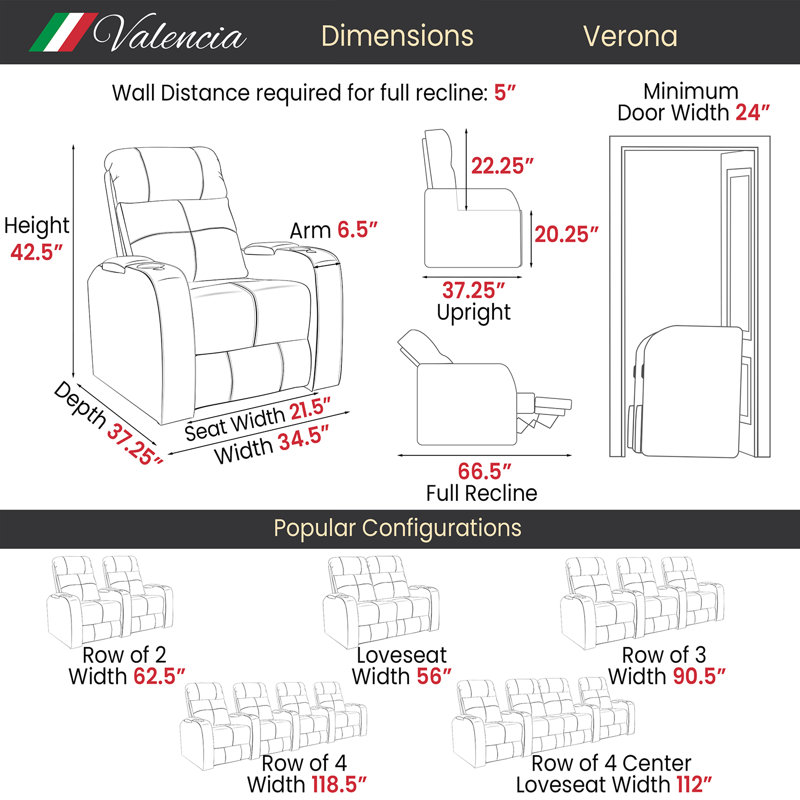 Sièges de cinéma Valencia Verona | Fauteuil inclinable électrique haut de gamme en cuir italien 9000 de première qualité, rangée de 2, noir