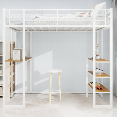 Lit simple en fer blanc avec bureau en forme de L et escalier, fonctionnel pour chambre à coucher, table, taille à installation rapide, lit en fer, bureau, robuste, chambre de jeunes, accès facile, assemblage