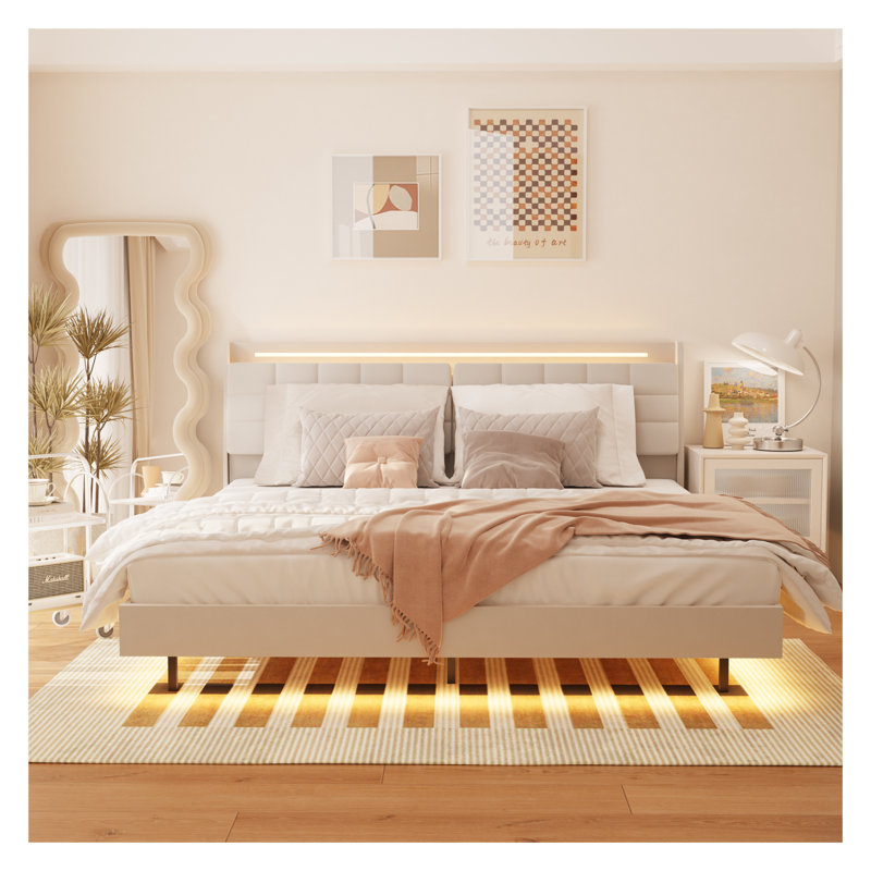 Structure de lit flottant pour grand lit avec lumières DEL et station de charge - Structure de lit tapissier en velours avec tête de lit cachée, sans sommier tapissier, structure de lit beige moderne