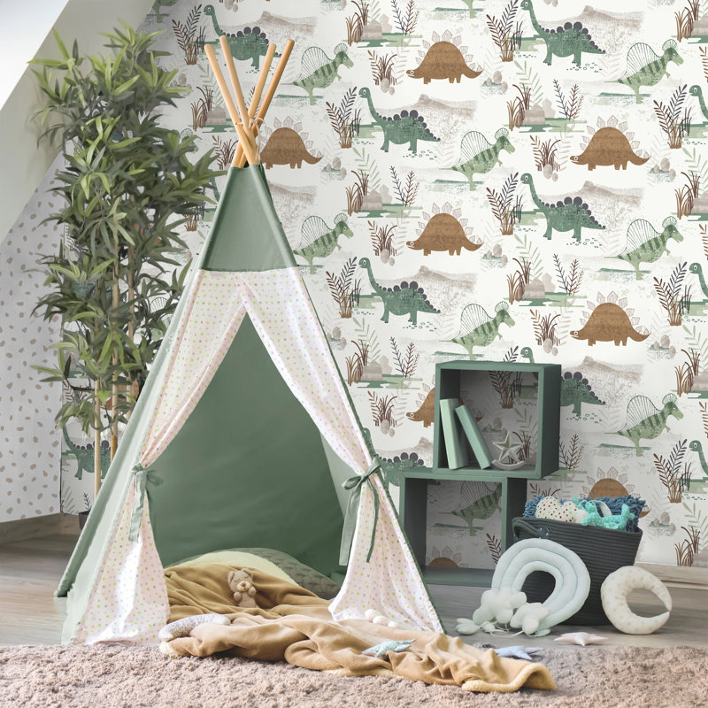 Papier peint fantaisiste préhistorique Dino, Vert
