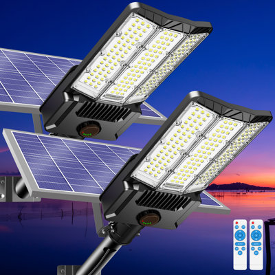 Home Outdoor LED Street Light (Set Of 2) With Solar Panels Dusk To Dawn With Motion Sensor Remote Control 6500W Waterproof For Parking Lots Backyard