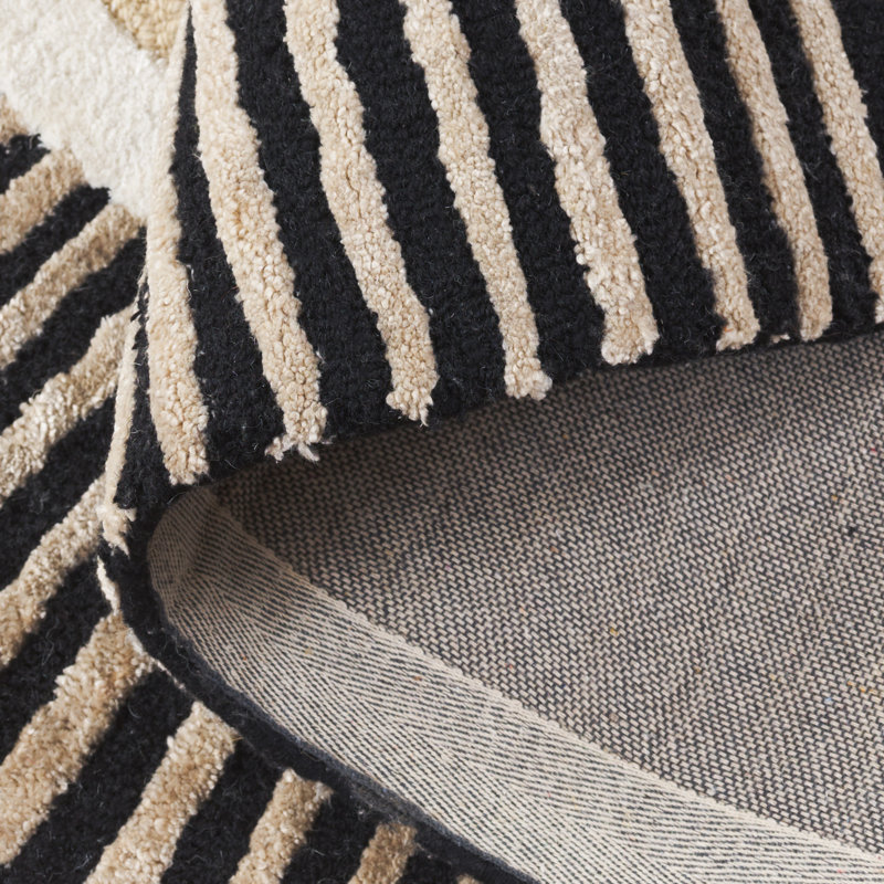 Tapis rayé beige / noir en laine / viscose / coton 107 touffetés à la main, Ovale 5 pi x 8 pi