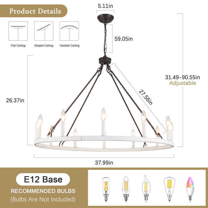Moomal 12 - Light Wagon Wheel Wagon Wheel Chandelier with No Secondary or Accent Material, Antique Brown/Distressed White