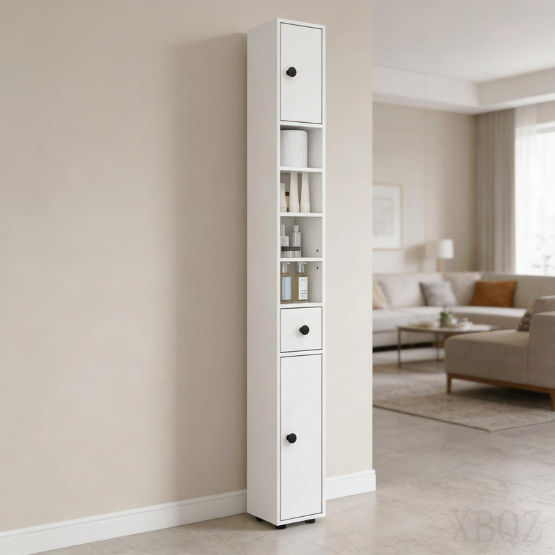 Slim Corner Bathroom Storage Cabinet With Adjustable Shelves, Perfect For Small Spaces And Toilet Paper Storage.