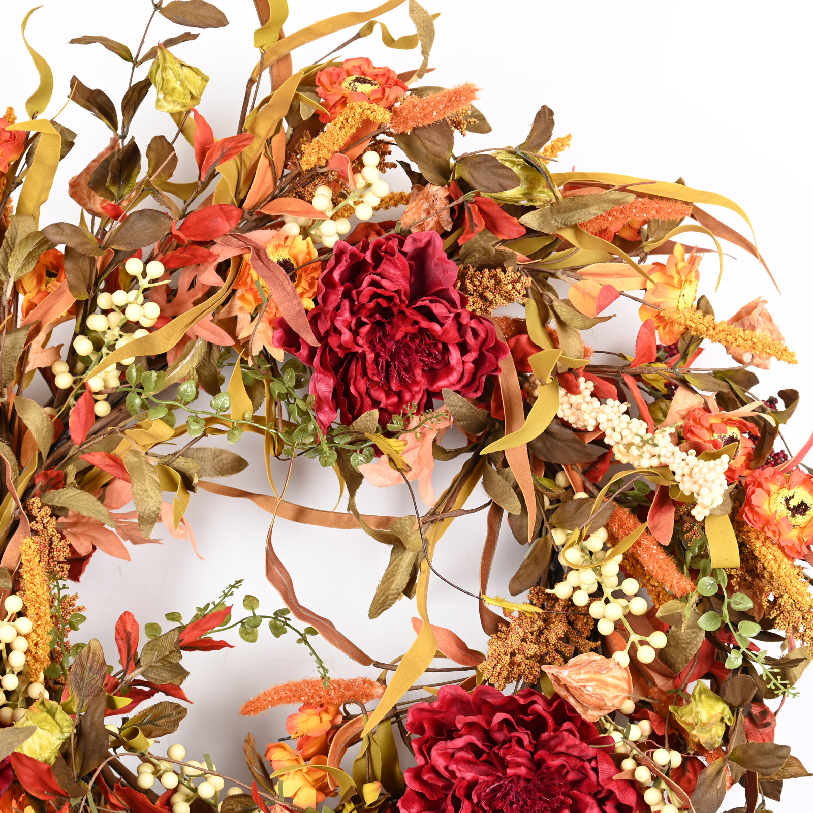 26" Fall Thanksgiving Day Peony Floral Wreath for Front Door, Green/Red