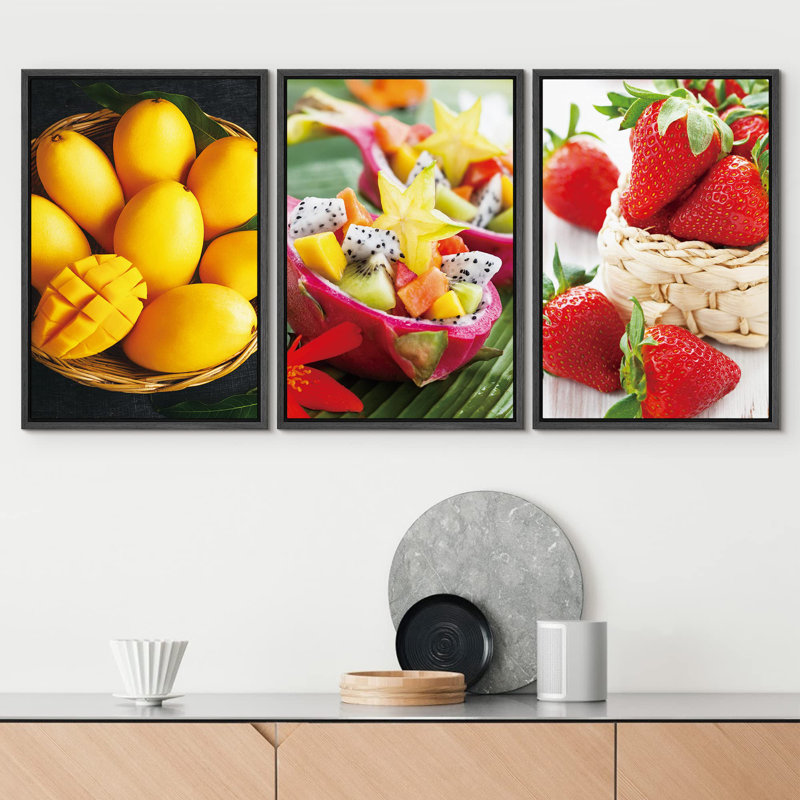Mangue, fruit du dragon et fraise, nourriture, photographie, fruits, réalisme, chic, gros plan, ultra, Cadre flottant noir