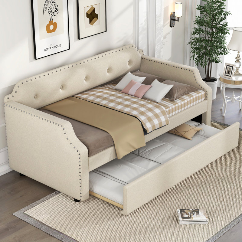 Upholstered Daybed With Trundle, Wood Slat Support,Upholstered Frame Sofa Bed, Beige