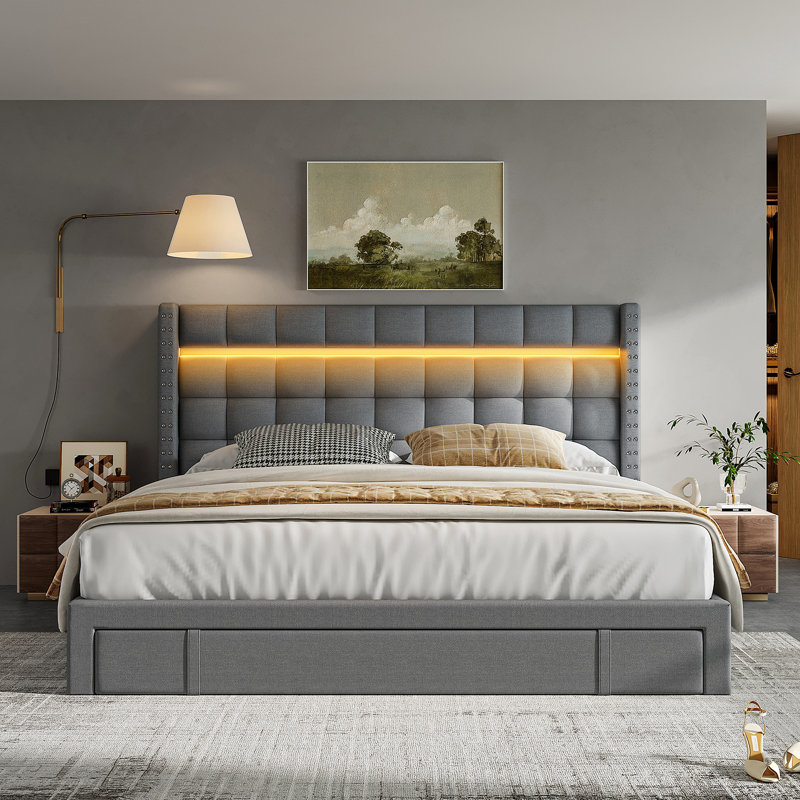 Upholstered Bed Frame With 3 Drawers And Led Light,Platform Bed Supports up to 900 lbs,Easy Assembly and Noise-Free, Gray
