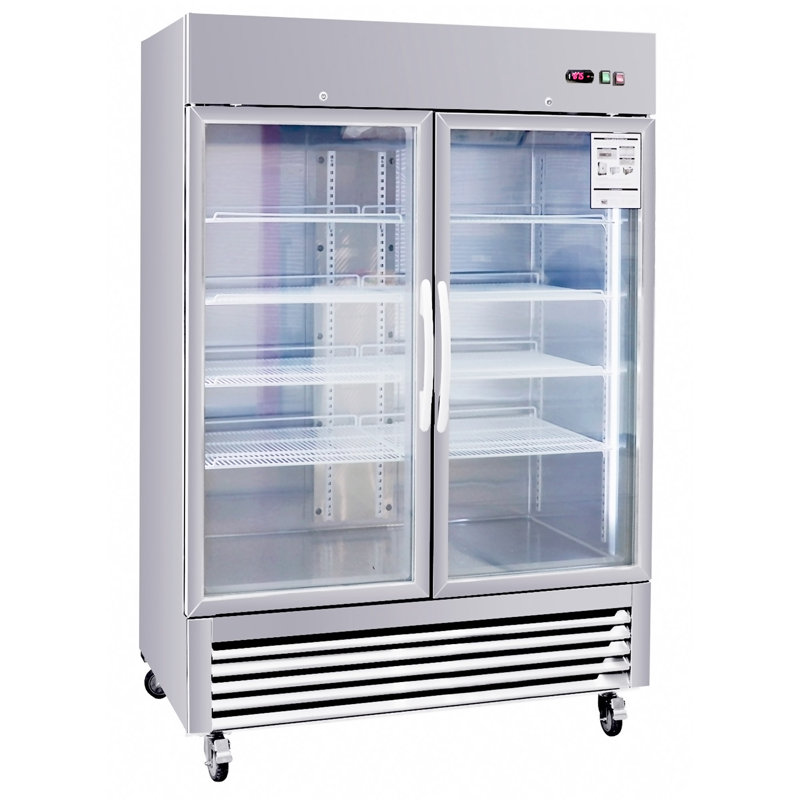 54"W Commercial Refrigerator 2 Glass Door Stainless Steel Interior And Exterior Construction Display Refrigerator 42.2 Cu.Ft. Reach-In Merchandising Refrigerator Upright Fan Cooling Merchandiser