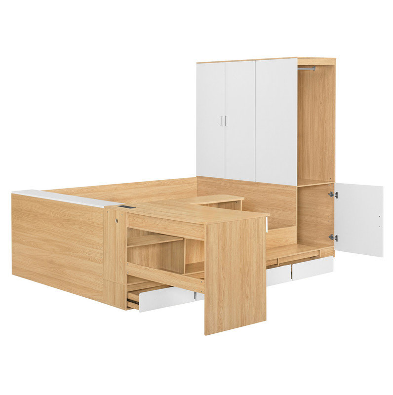 Lit plateforme double en bois avec 6 tiroirs, tablettes et coiffeuse, Brun