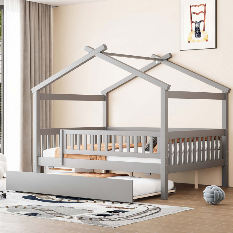 Lit en bois avec lit gigogne simple, Gris, Lit double