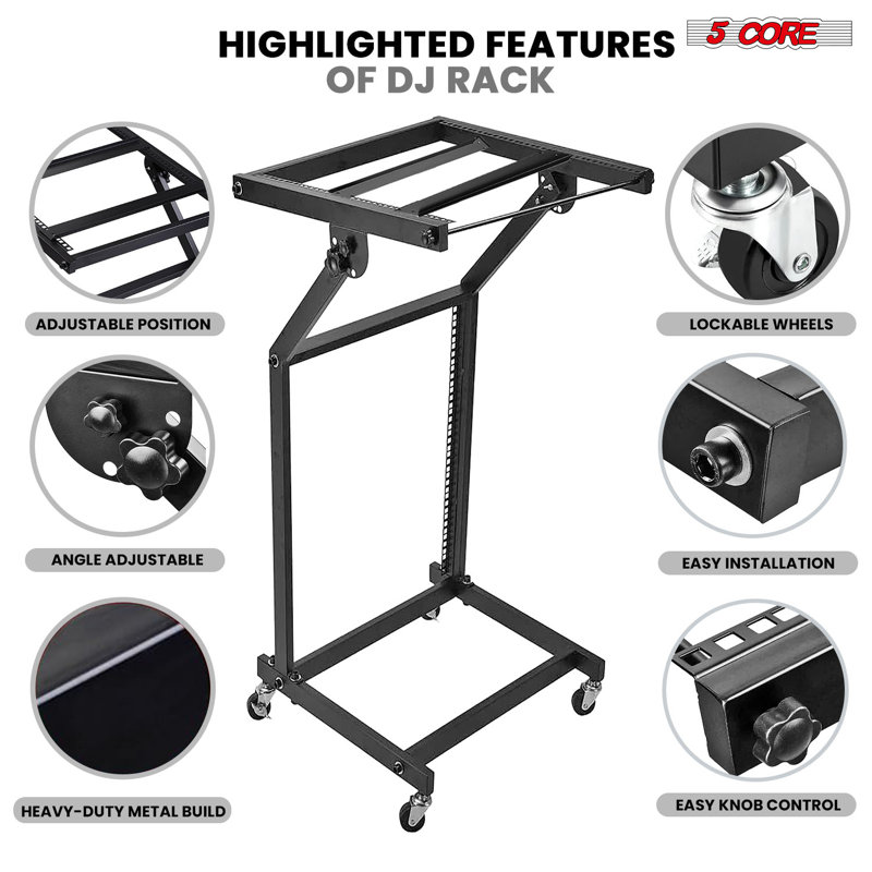 5 Core 12U Professional Audio Rack Mount DJ Mixer Stand Studio Adjustable Table Cart with Wheels