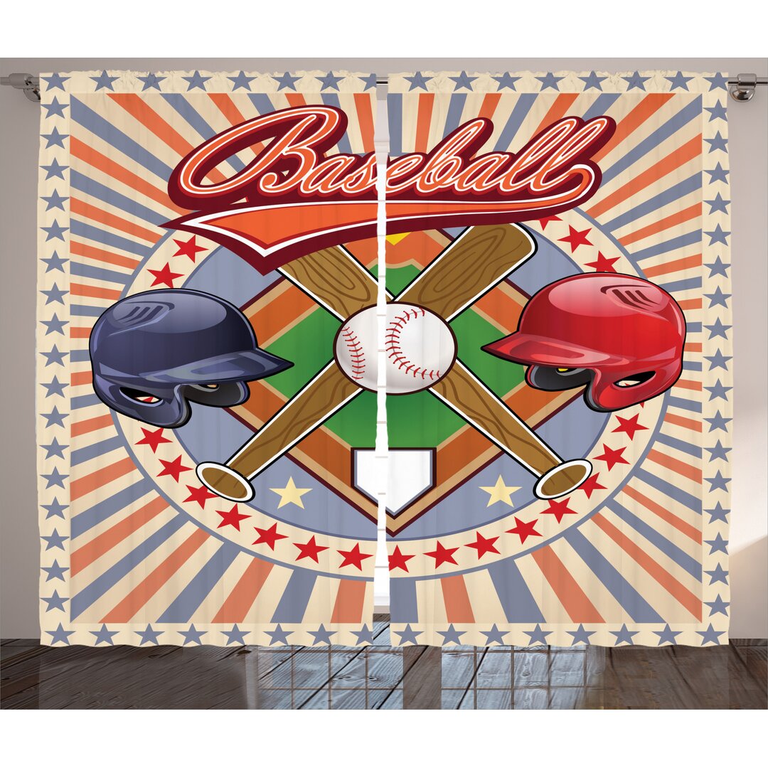 Rustikaler Vorhang, Retro Pop-Art-Baseball, Bunt, Mehrfarbig