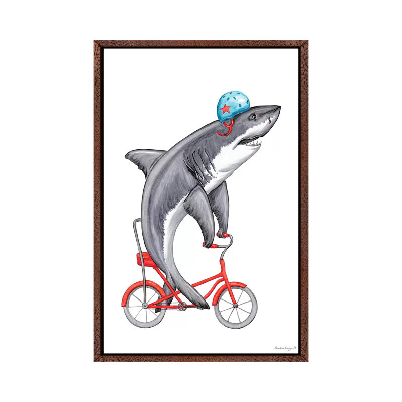 Shark On Bike by Amélie Legault - Painting on Canvas, 66.04cm H x 45.72cm W x 3.81cm D, Classic Brown Wood Floater Framed