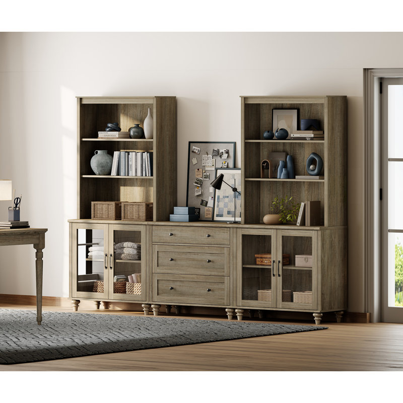 Scarlett 72.1"H X 101.6"W Bookcase With Drawers And Glass Cabinets, Tall Book Case With Open Book Shelfs, Large Wood Bookcases Farmhouse Bookshelves For Living Room Bedroom Home Office Kitchen, 72'