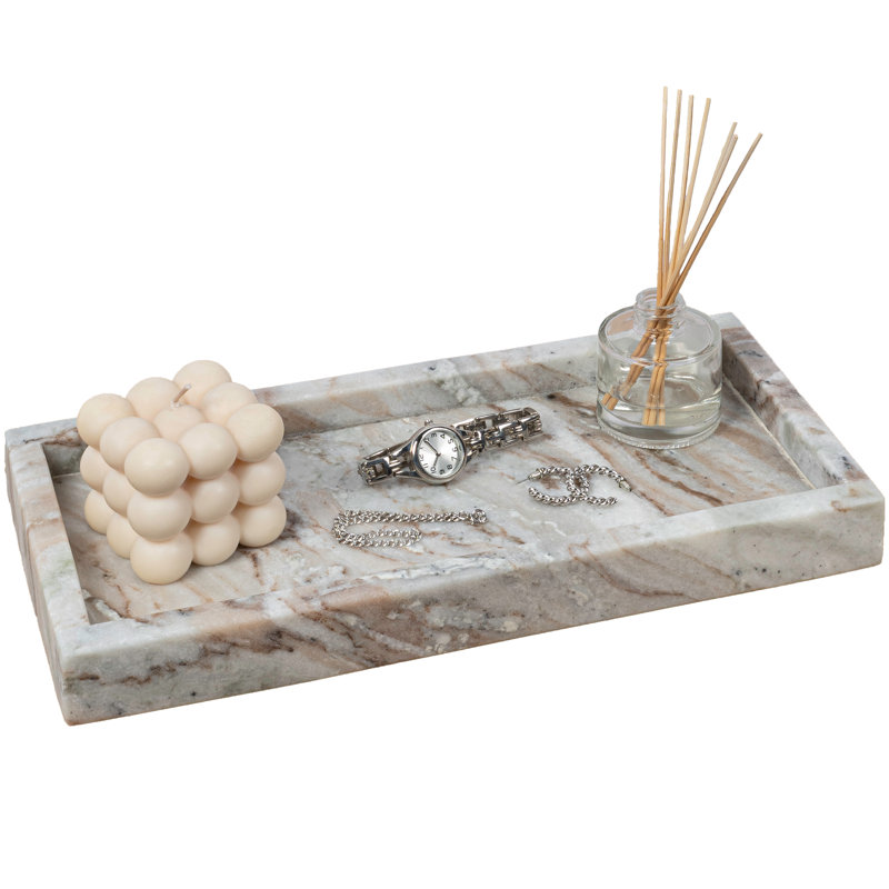 Luxe Stone 12" x 6" Classic Minimalist Rectangular Marble Bathroom Countertop Tray, Beige Marble