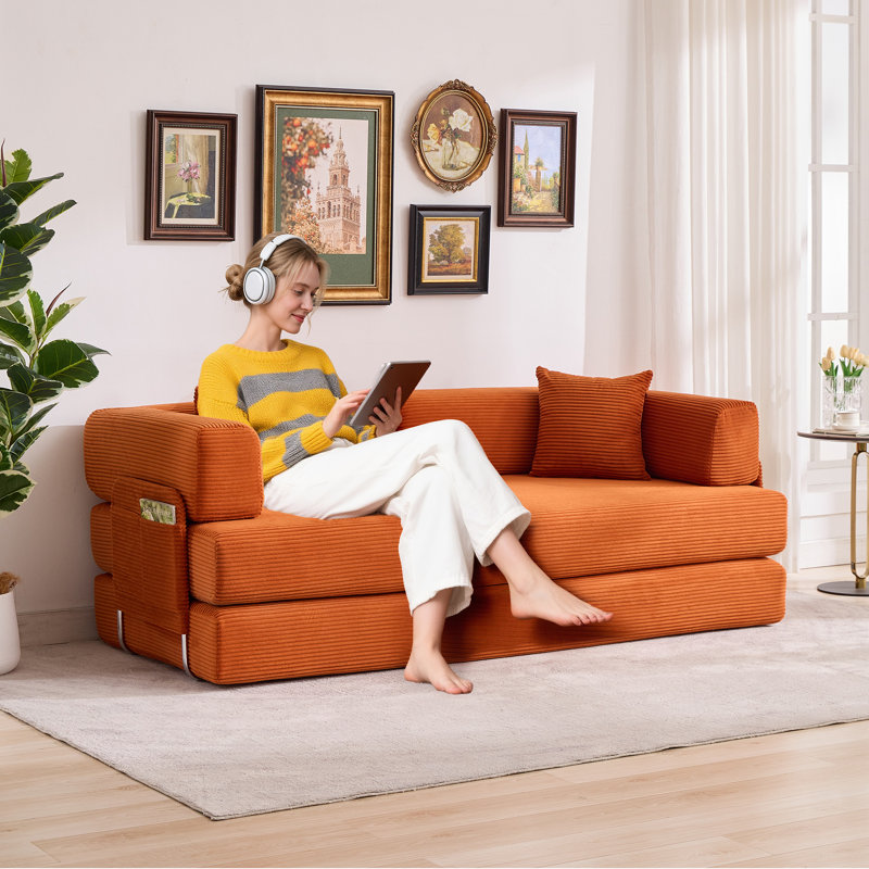 Canapé-lit modulaire convertible 5-en-1 en velours côtelé - Canapé de 78,8 po de largeur, accoudoirs réglables, structure robuste, coussin, futon multifonctionnel pour salon, chambre à coucher, chambre d'amis, velours côtelé | Orange