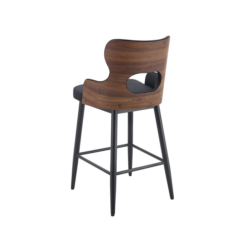 Tabouret de bar intérieur rembourré en vinyle noir avec panneau arrière en placage