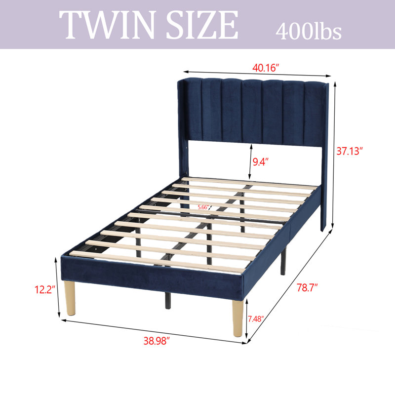 Structure de lit plateforme tapissier, Bleu, Simple
