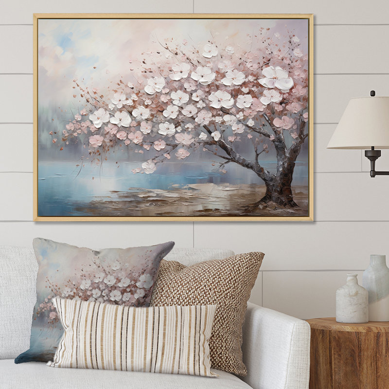 «Pink and Grey Cherry Blossom Charm I», art mural encadré de fleurs, H 12 po x l 20 po x P 1 po, Cadre flottant blanc