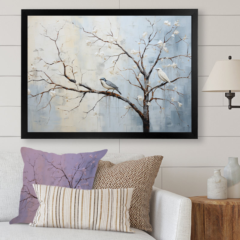 Arbre de fleurs gris gris Sprintime II - décoration murale arbre, Cadre d'angle fermé noir, H 12 po x l 20 po x P 1 po