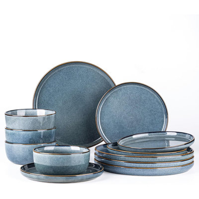 Service de vaisselle en céramique bleu glacier réactif - 4 assiettes / bols en grès pour 4 personnes / 12 pièces, résistant aux égratignures, va au lave-vaisselle et au micro-ondes