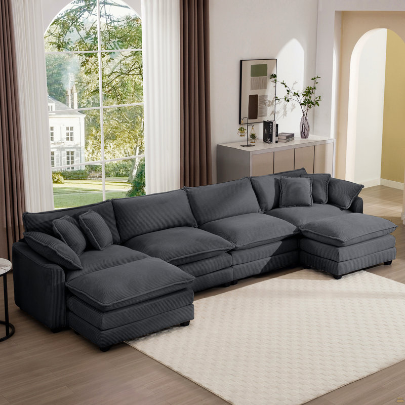 Canapé en velours côtelé 4 places avec 3 repose-pieds Corduroy, H 33,85 po x l 149,6 po x P 34,25 po, 4, Gris