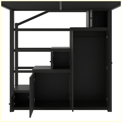 Modern Metal Loft Bed with Storage Shelves, Cabinets and Wardrobe