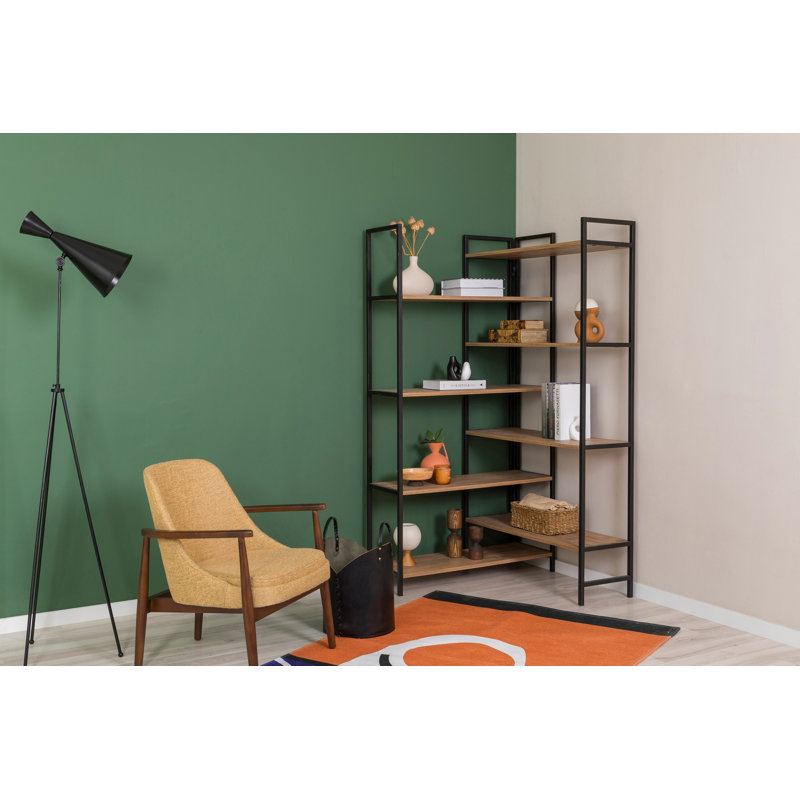 Bibliothèque industrielle moderne avec structure en métal, pin atlantique et finition noire, 37,0 x 71,3 x 37,0 pouces | 100% panneau de particules enduit de mélamine, 0,7 po d'épaisseur | Parfait pour l'organisation à la maison ou au bureau, design élégant et durable