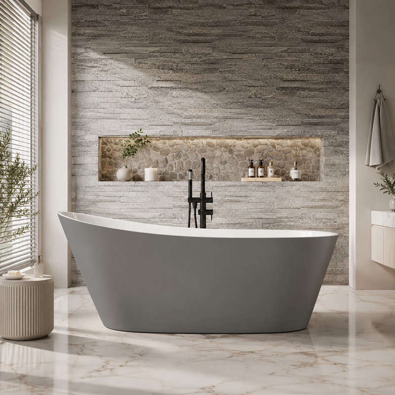 Baignoire autoportante ovale en acrylique de 150 cm (59 po), avec une profondeur de 39 cm (15,3 po) et un trop-plein intégré, gris mat