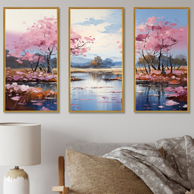 «Pink Trees Blooming In Country Charm I», ensemble d'art sur toile