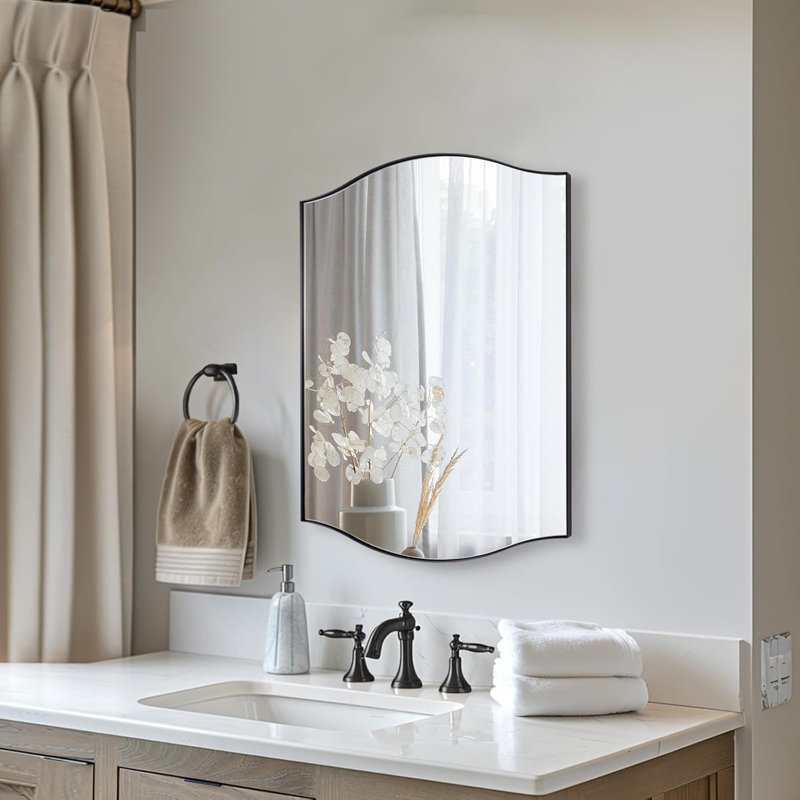 Dual Arch Scalloped Rectangular Bathroom Wall Mirror | Stainless Steel Frame, Matte Black, 30" x 22"