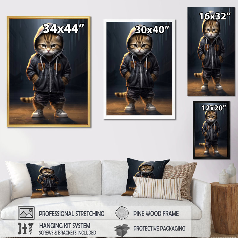 «Cool Kitten Hoody Street Cred», impression sur toile, Cadre simple blanc, H 40 po x l 30 po x P 1,5 po