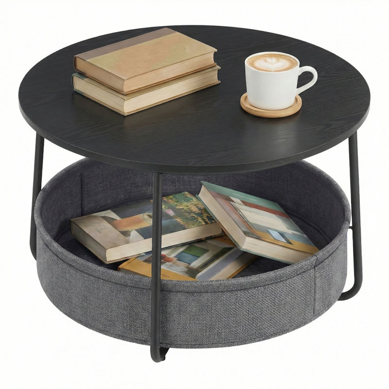 Table ronde avec panier en tissu, Noir/gris