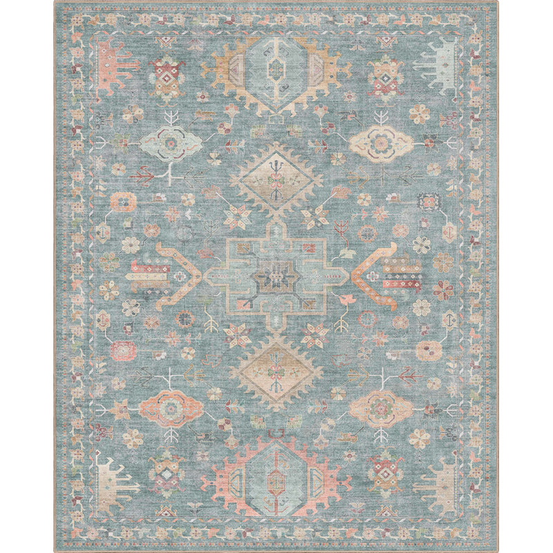 Tapis bleu médaillon Bungalow Rose Aylena, Rectangle 6 pi x 9 pi