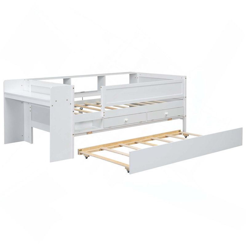 Lit de jour multifonctionnel avec lit gigogne, tiroirs de rangement, rangement pour tête de lit, tables d'appoint et station de charge USB
