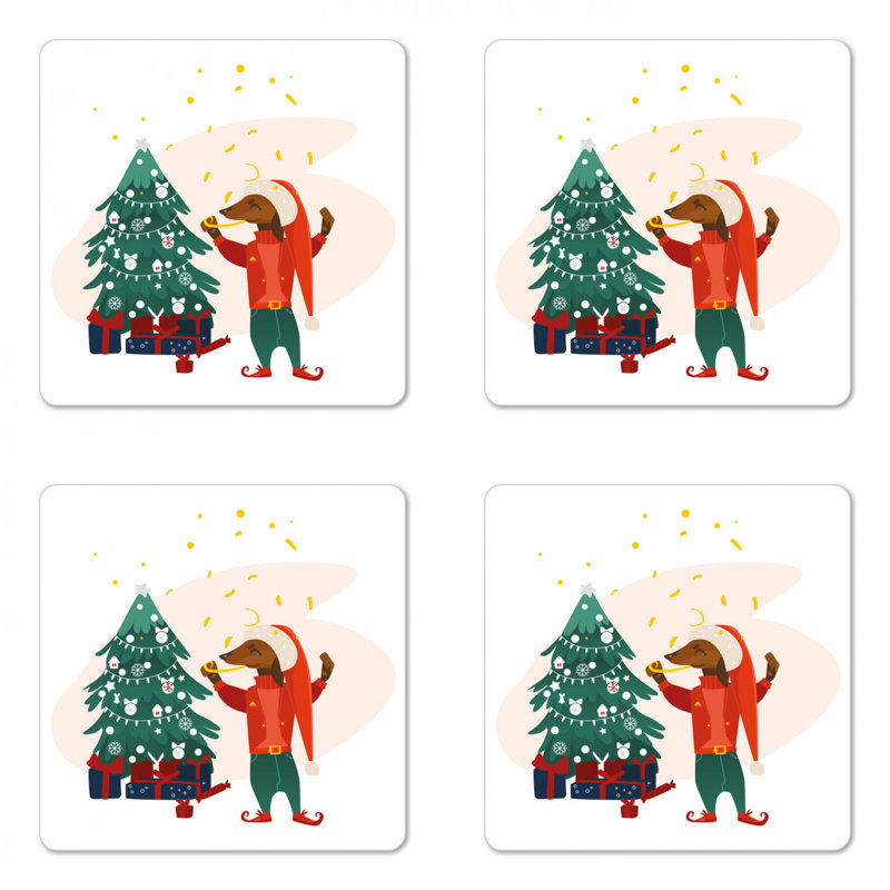 Ensemble sous-verre ambesonne teckel de 4, style de dessin animé à thème de noël dans les vêtements et l’arbre xmas avec cadeaux, sous-verres à panneaux rigides carrés, taille standard, multicolore