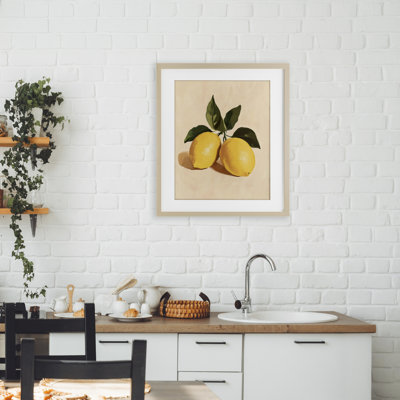 Lemon Pair with Leaves Framed Print Under Glass, design by Petal Prints Design