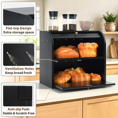 Wooden Bread Box for Kitchen Countertop, Roll Top Breadbox