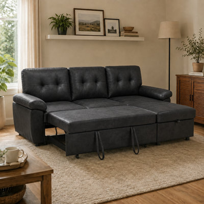 88.5" Convertible L-Shaped Sectional Sofa Bed with Pull-Out Sleeper, Storage Chaise, Padded Armrests and Tufted Back Cushions