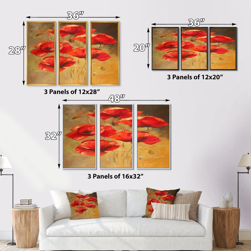 «Vintage Blooming Poppies II», ensemble d'art mural sur toile encadré traditionnel de 3, H 20 po x l 36 po x P 1 po, Brun