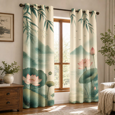 2Pcs serene bamboo and lotus watercolor print Sun Blocking curtains, traditional Chinese landscape style, modern tranquil artistic light-filtering for bedroom living room decoration for Home Dector