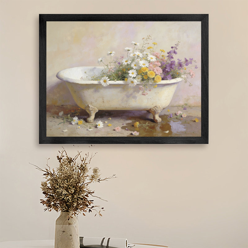 Art mural rétro noir avec baignoire florale rétro, impressions de style réalisme classique, H 17 po x l 25 po