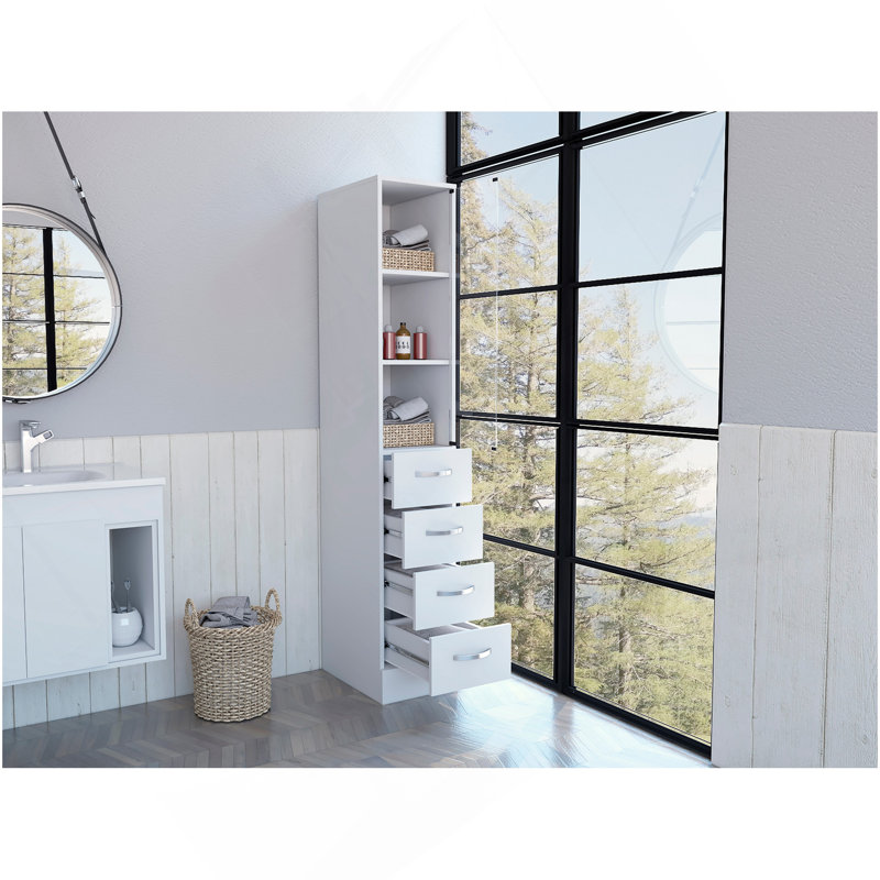Preston Linen Cabinet, Three Shelves, Four Drawers, White