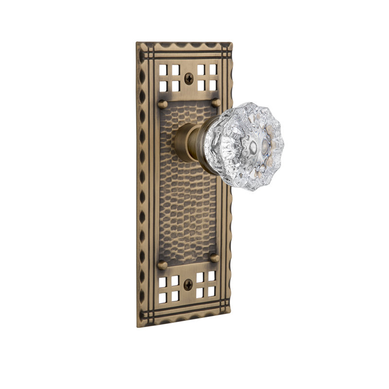 Craftsman Plate with Crystal Door Knob, Antique Brass, 2.375"