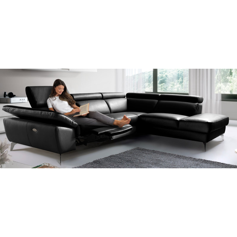 Italian Leather Power Reclining European Sectional with Adjustable Headrests & Armrest Veeha, Right Hand Facing