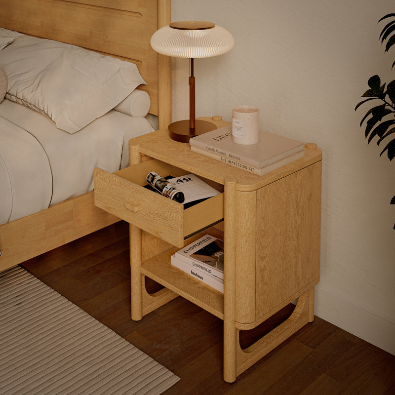 Apollo Mid Century Modern Solid Wood Nightstand with U-shape Sled Base & Spacious Open Shelf