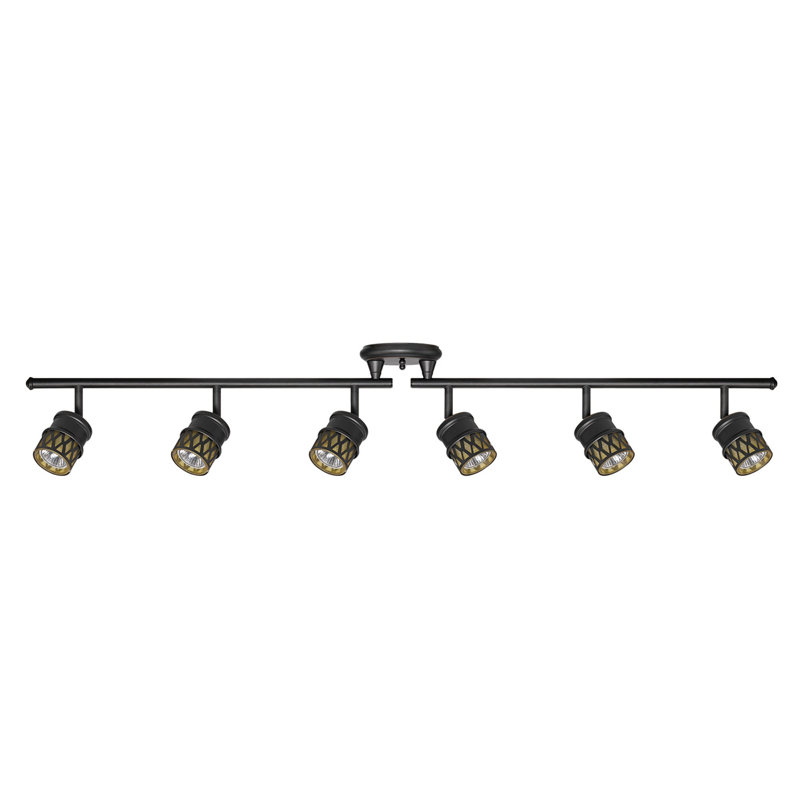 Éclairage sur rail pliable 6 lumières, finition bronze huilé, têtes de rail en verre champagne