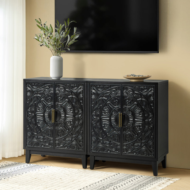 Hayter 30''W Distressed Finish Hidden Drawer Accent Cabinet (Set of 2), Black