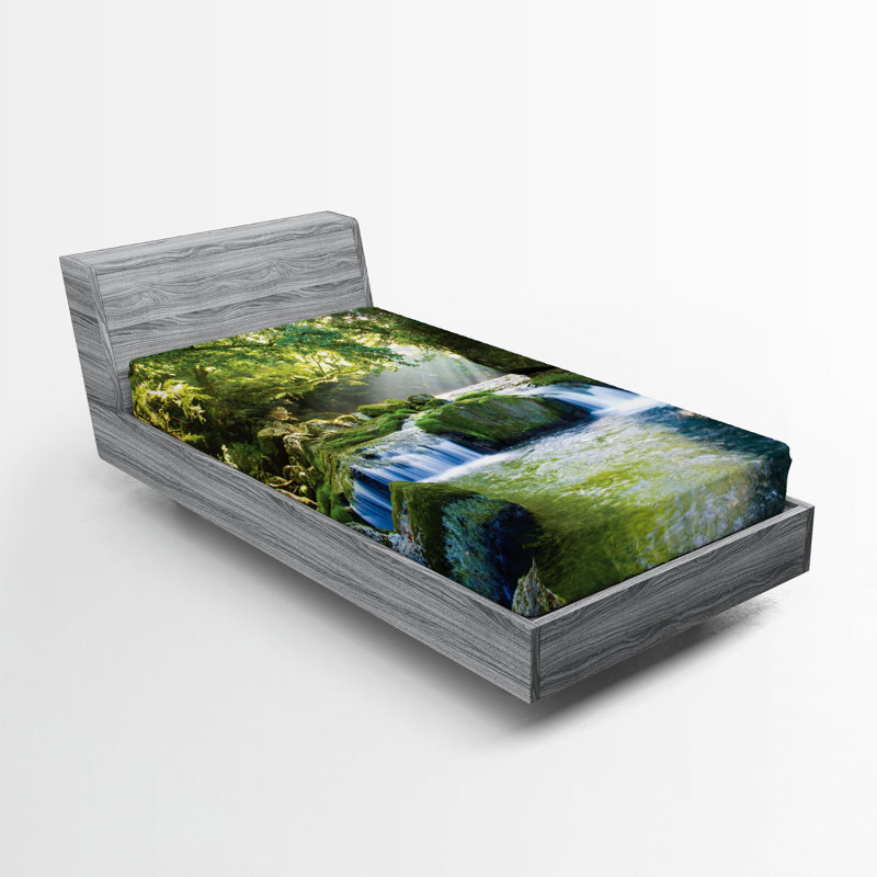 Ensemble de 2 draps-housse Ambesonne Jungle Foliage Misty Mountains jaune vert bleu, Drap-housse pour lit simple